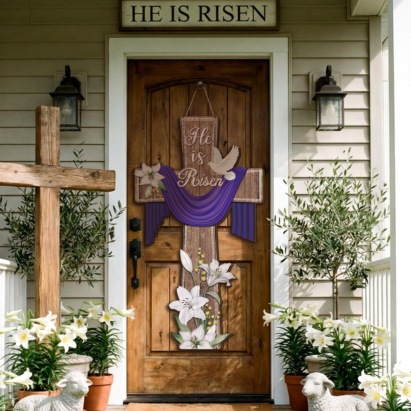 BBTO He Is Risen Easter Door Sign, 31.5 x 15.75 Inches Durable Wooden Religious Cross Hanging Decor Easter Wreaths for Front Door Christian Flowers Lent Hanging Hanger for Farmhouse Front Porch