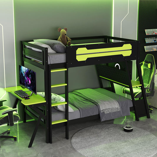 DNYN Gaming Bunk Bed with Dual Built-in Desks and USB Ports for Teens/Adults Bedroom, Twin Size Wooden Bed Frame with Pegboard Organizer/Ladder/Guardrails, No Box Spring Needed & Space-Saving