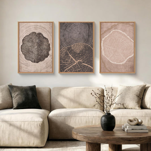 HOURIA Neutral Brown Tree Rings Framed Canvas Wall Art Set,Vintage Abstract Dark Gray Wood Stump Wall Decor,Modern Minimalist Wood Grain Slice Artwork for Living Room,Bedroom,Farmhouse- 16"x24"x3