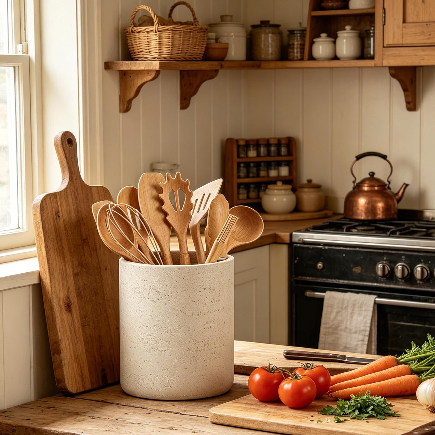 Rustic Beige Stone-Look Utensil Crock for Kitchen Counter – 6" x 7" Heavy Resin Holder with Non-Slip Base, Organizes Wooden Spatulas & Cooking Utensils, Farmhouse Kitchen Decor