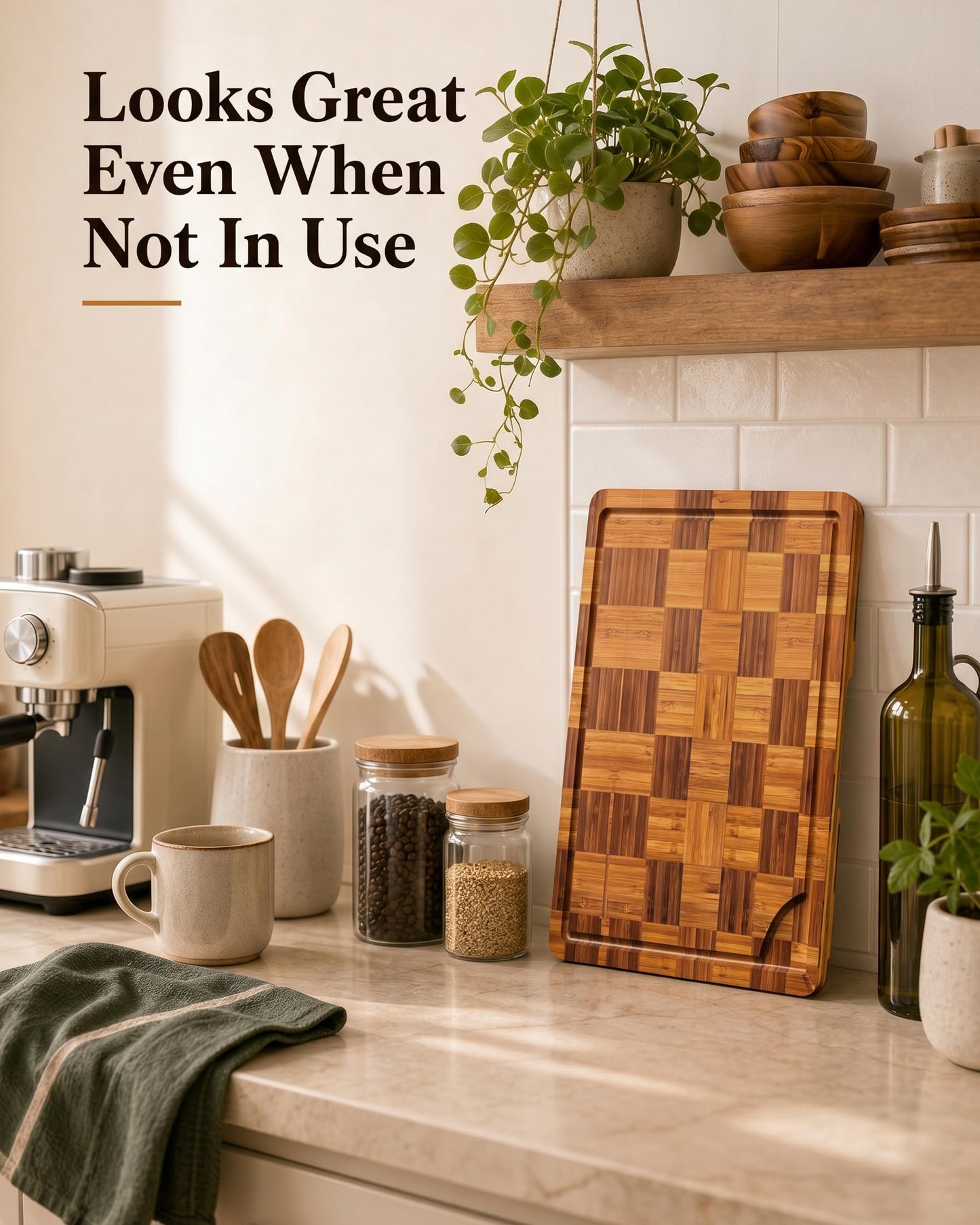 Plusinthebox Bamboo Cutting Board 18" x 12", Heavy Duty Checkered End Grain Butcher Block for Kitchen with Deep Juice Grooves and Handles for Meat, Cheese, Charcuterie and Dough