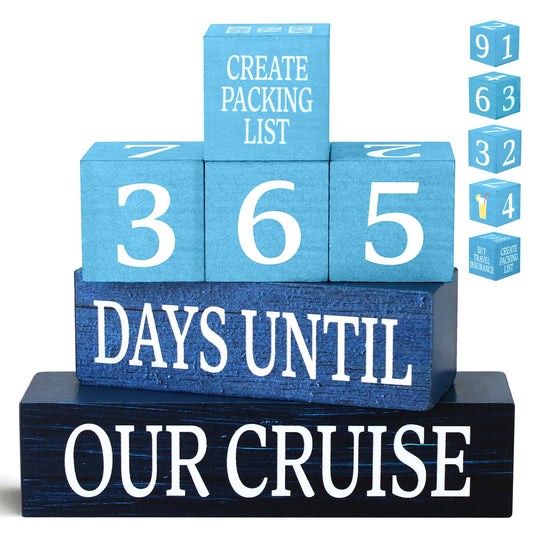 7 Pcs 365 Days Cruise Countdown Wooden Table Decor, Cruise Activities Decision Dice Table Decorations for Home Office