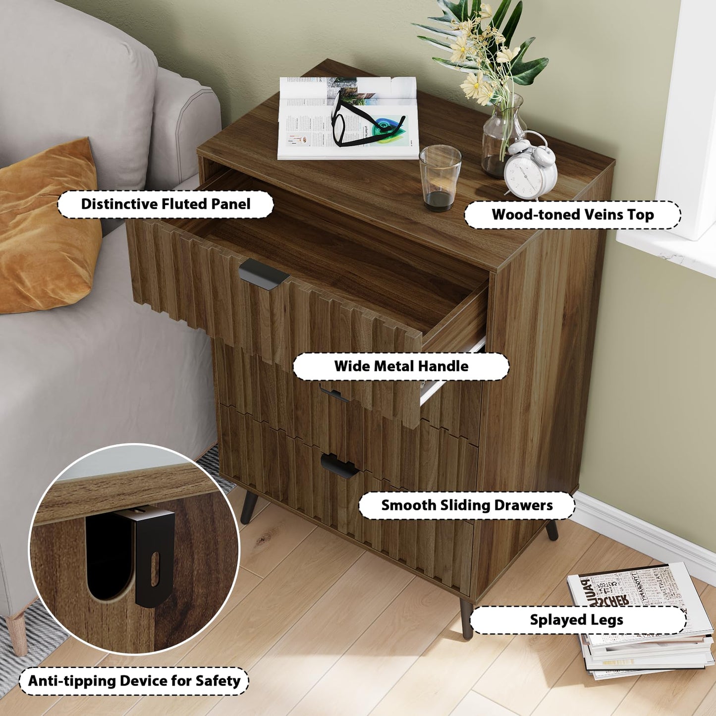 Mino Kesper Walnut Fluted 4 Drawers Dresser for Bedroom, Chest of Drawers with Metal Wide Handle, Wooden Dresser for Closet, Bedroom, Living Room, 23.6" x 14.9"D x 30.7" H