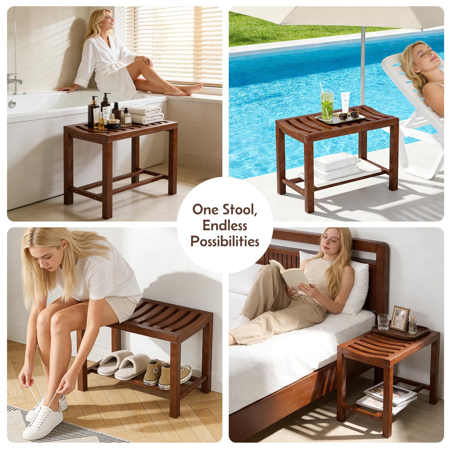 Azlafu Rubber Wood Shower Bench, Non-Slip Waterproof Wooden Shower Stool for Adults & Elderly, Sturdy Bath Seat for Inside Shower or Tub – 24.02" D x 14.96" H x 6.3" W