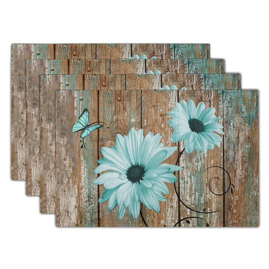 Giwawa Rustic Daisy Placemats Set of 4- Teal Sunflowers on Vintage Wood Board Linen Place Mat- Farmhouse Wooden Non Slip Heat Resistant Table Mats for Dining Kitchen Cabin Lodge Decor