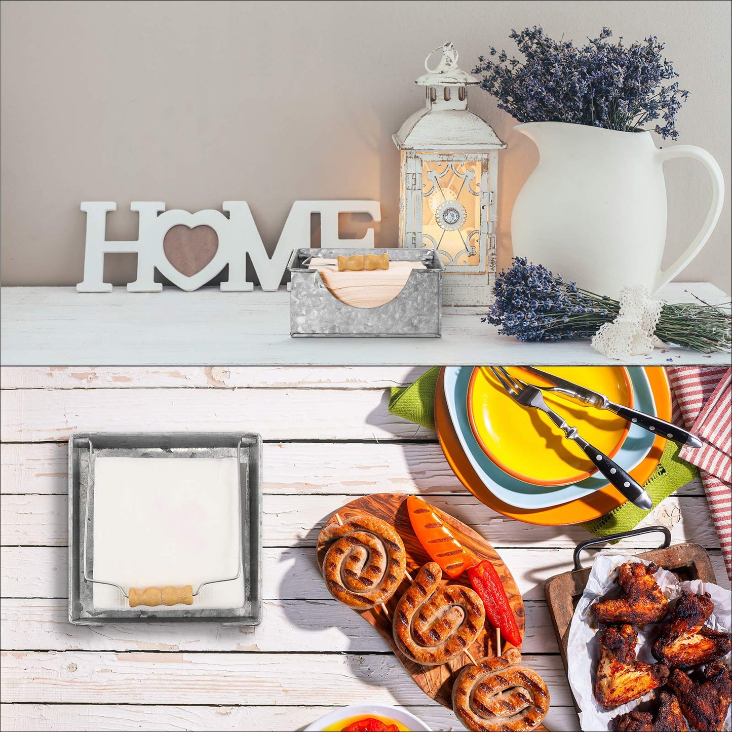 2 Pieces Farmhouse Napkin Holder with Wooden Handles Galvanized Silver Metal Napkin Holder Rustic Flat Square Design for Kitchen Tables Restaurants Indoor or Outdoor Dining