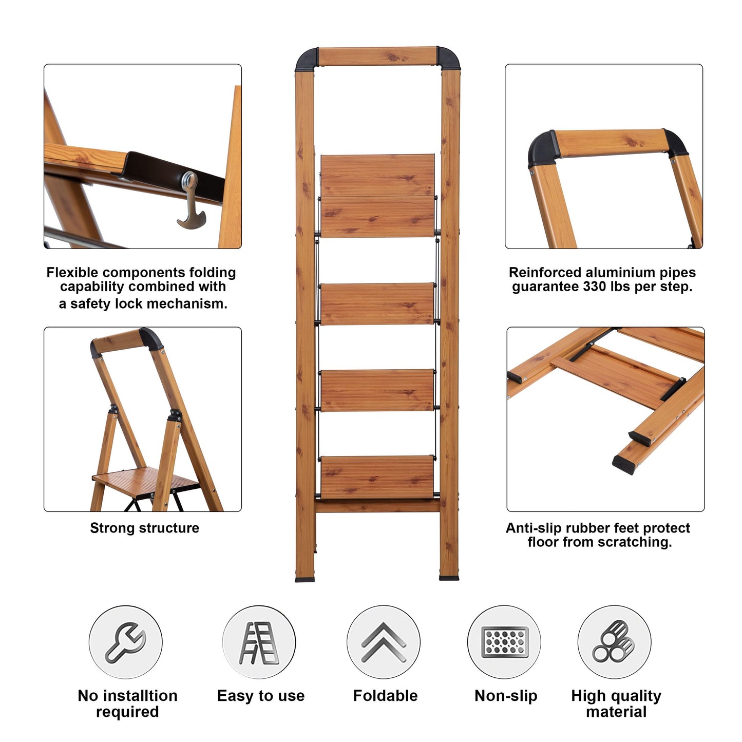 BIBKOKE Step Ladder 3-Step Woodgrain Finish Aluminum Folding Ladders