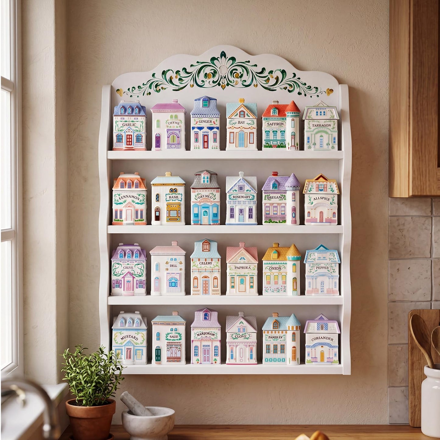Leinuosen Vintage Spice Jar Wooden Rack with 4 Shelves and Drawer Hanging Spice Rack Wall Mounting Kitchen Storage Village Style Display Shelf for 24 Jars Shelf Only 20.47 x 14.57 x 3.15 Inches