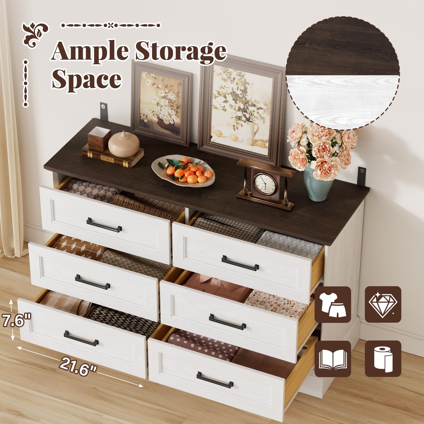 Furmax Farmhouse Dresser for Bedroom, 6 Drawers Dresser, Wood Chest of Drawers, 47.2" Wide Storage Dressers Organizer for Bedroom, Living Room, White and Brown