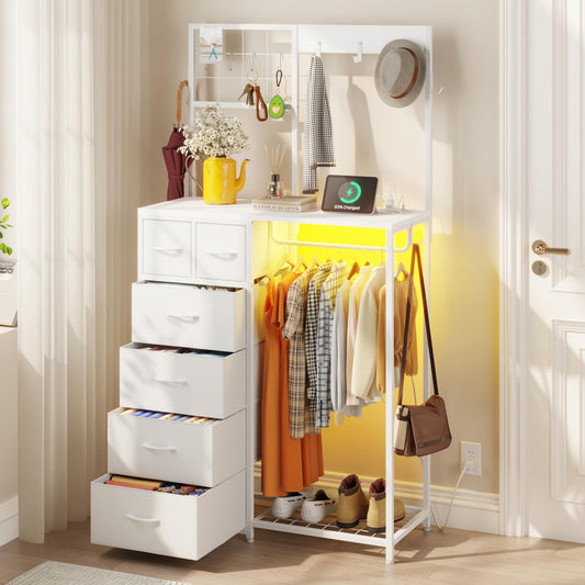 YAOHUOO Dresser with Hanging Rack, 6 Drawers Dresser with Charging Station, LED Light, Clothes Rack, Shoe Racks and Side Hooks for Entryway, Bedroom, White