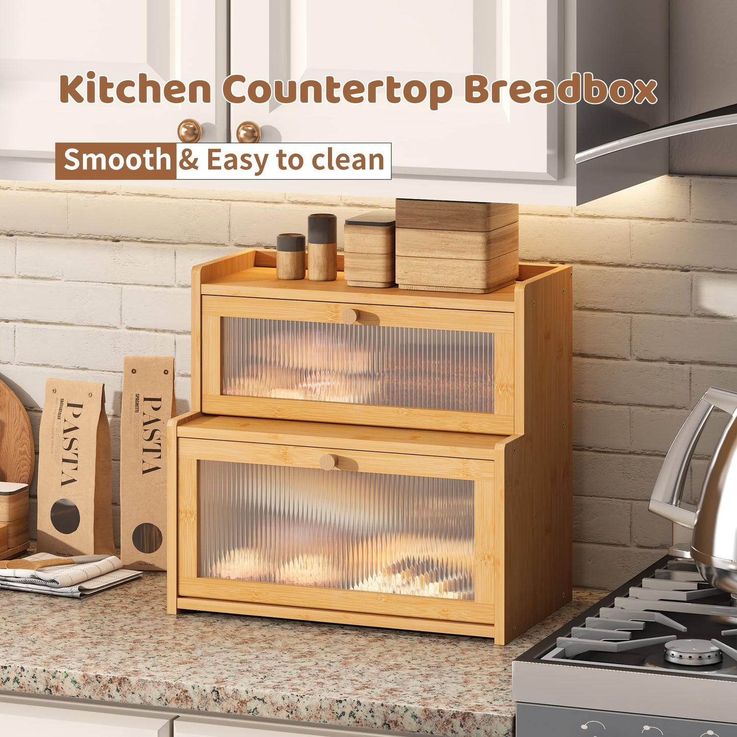 FILWH Bread Box for Kitchen Countertop Double Layer Large Corner Bread Box Capacity Bread Storage Bin Farmhouse Breadbox Container Organizer Cabinet Cupboard Nature
