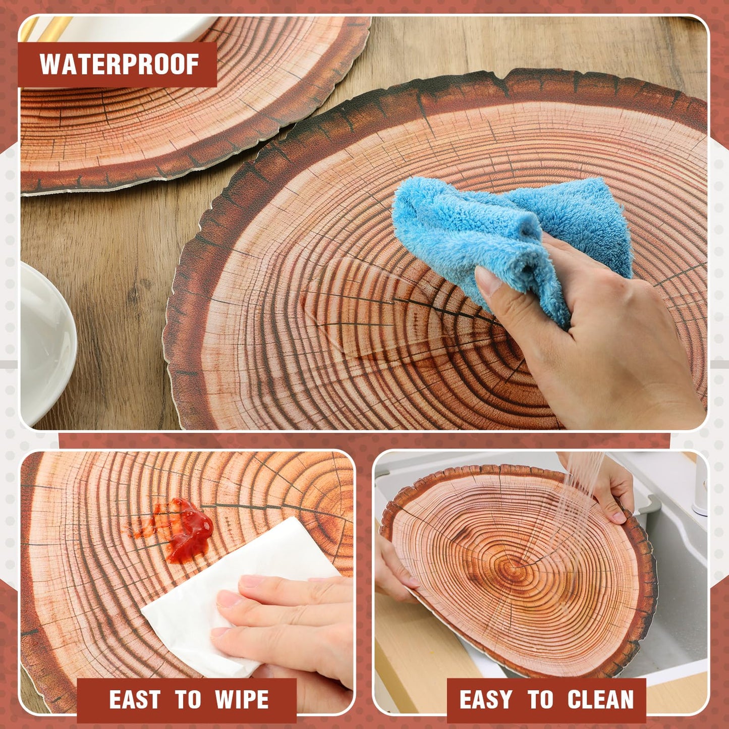 Remerry Leather Wooden Slice Placemats Set of 6, 13.8'' Round Rustic Charger Plates Wood Slices Place Mats Farmhouse Table Mats for Wedding Table Decoration Kitchen Dining Waterproof