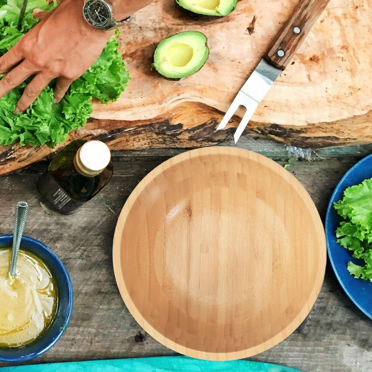 ZTHapwa Bamboo Salad Bowls, 8 Inch Big Round Bamboo Wooden Bowls for Salads/Fruits/Pasta/Vegetables, 49 Fl oz Handcraft Serving Bowl for Entertaining and Party, Rustic Home Decor Set of 2