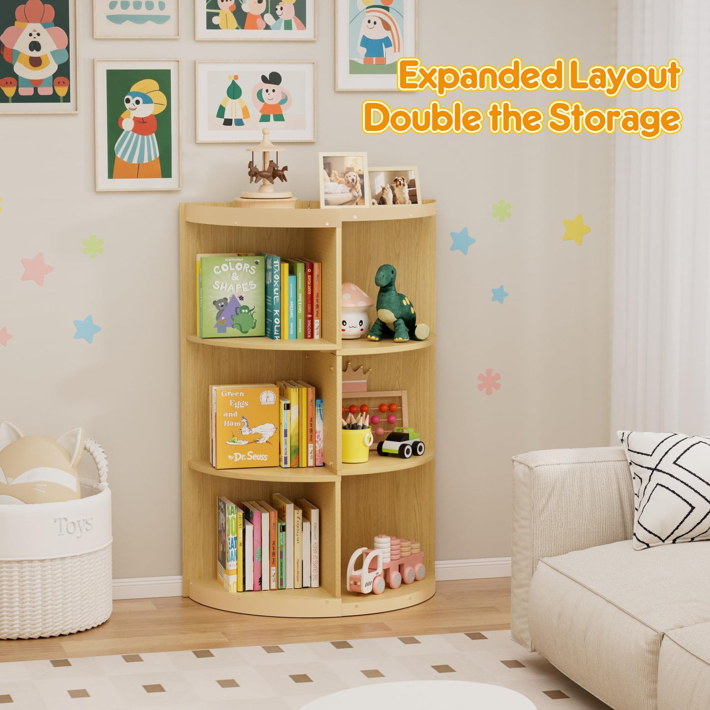 HAVLOTII Wooden Corner Kids Bookshelf, Extendable 3 Tier Montessori Bookcase for Children, Toy Storage Organizer, Space-Saving Book Shelf for Kids Rooms, Classroom, Playroom, Nursery, Daycare