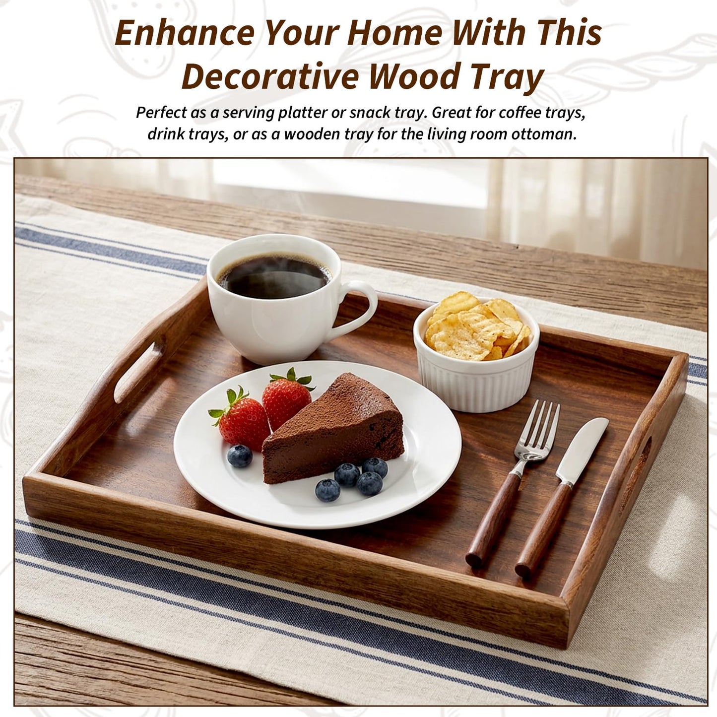 1Pack Walnut Tray, 15.7inch Nature Walnut Wooden Serving Tray with Handles Rectangle Coffee Table Trays for Living Room, Wood Trays for Ottoman Wood Food for Coffee, Breakfast, Dinner-40x30cm