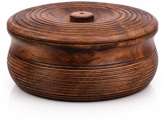 Handcrafted Wooden Mexican Tortilla Warmer Basket Indian Chapati Roti Bread Holder Box Pancake Keeper Serveware Hot Pot Casserole Dish With Lid Home Kitchen Dining Decor, Natural Brown, 9 x 3.5 Inches