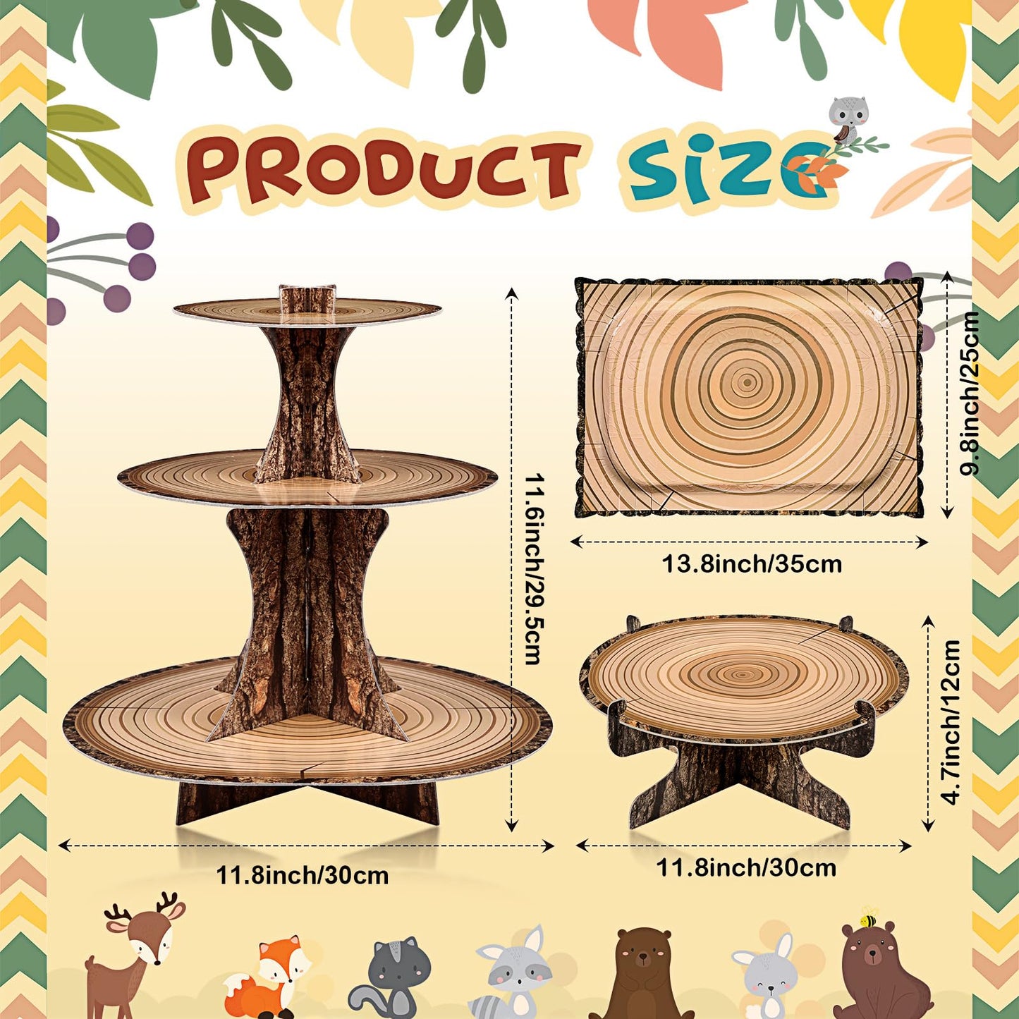Sawysine 7 Pcs Woodland Cupcake Stand Set Woodland Baby Shower Decorations 3 Tier 2 Wooden Cupcake Stand 1 Rustic Cake 4 Rectangle Serving Tray Birthday Western Camping Hunting Supplies(Rectangle)
