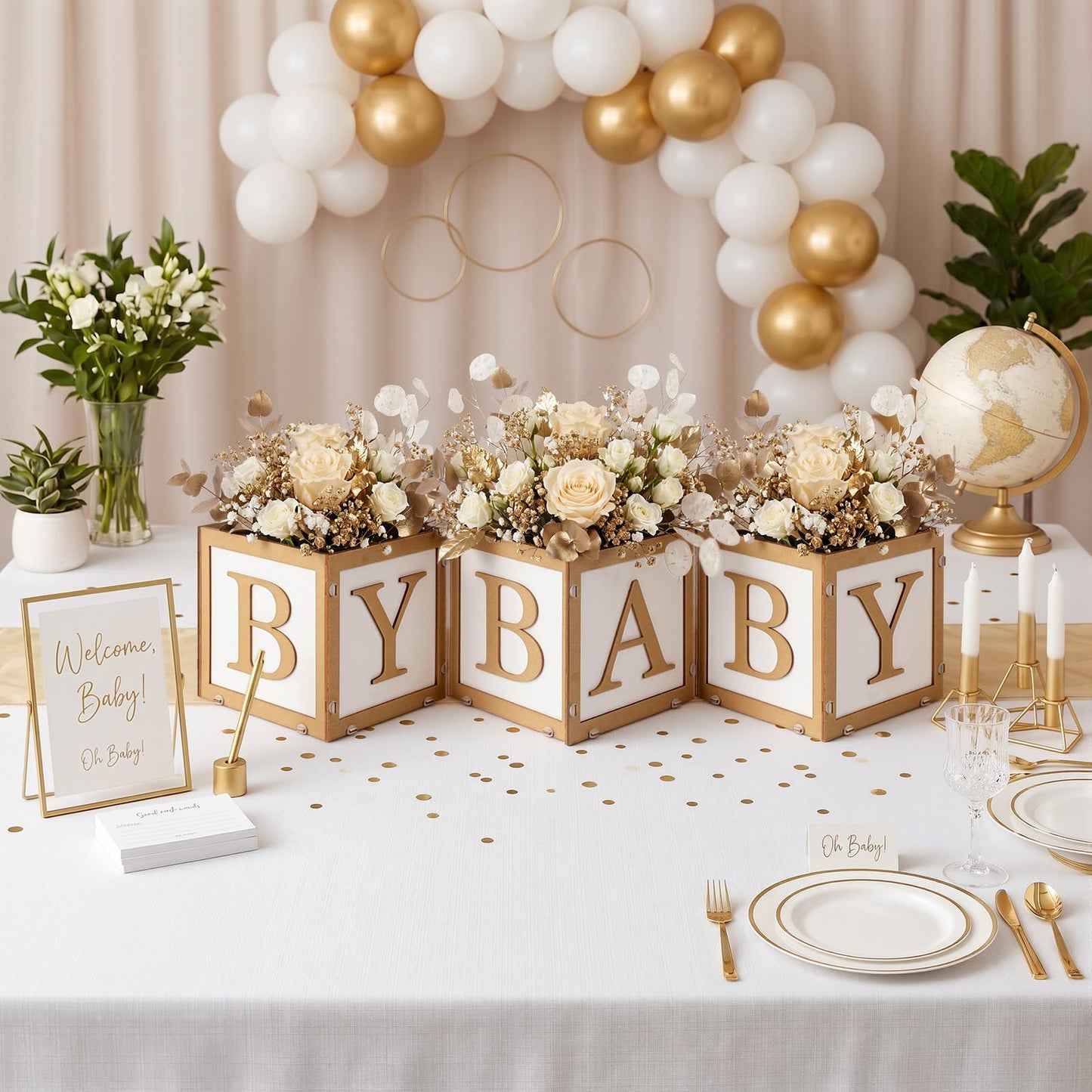 SiliFine 6 Set Baby Shower Centerpieces for Tables 6 Inch Wooden Boxes with Baby Letters Cube Planter Vase Blocks for Gender Reveal Party Decor (Floral,Gold)