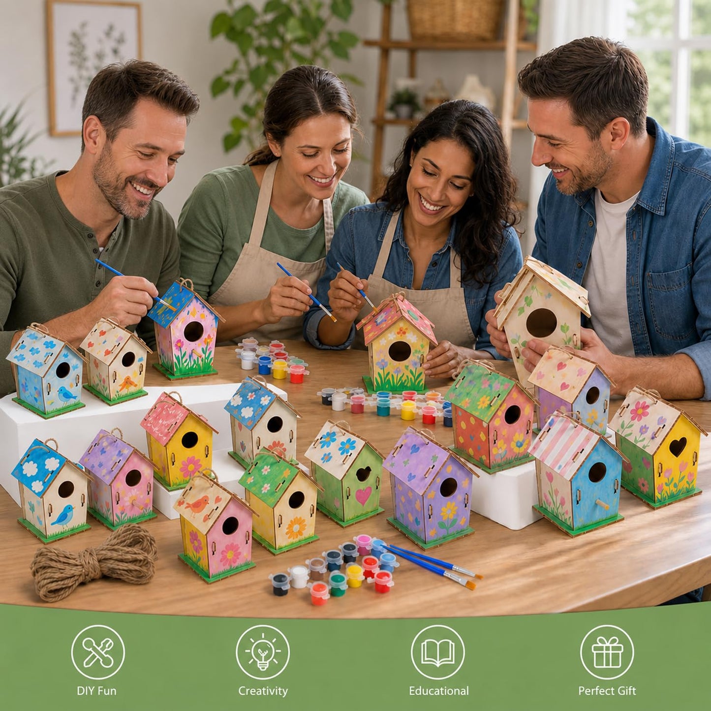 Bird House Kit, Wooden Bird Houses Craft Kits for Kids, 18 PCS DIY Painting Set with Paint Brushes Rope, Arts and Crafts for Kids Ages 6-12