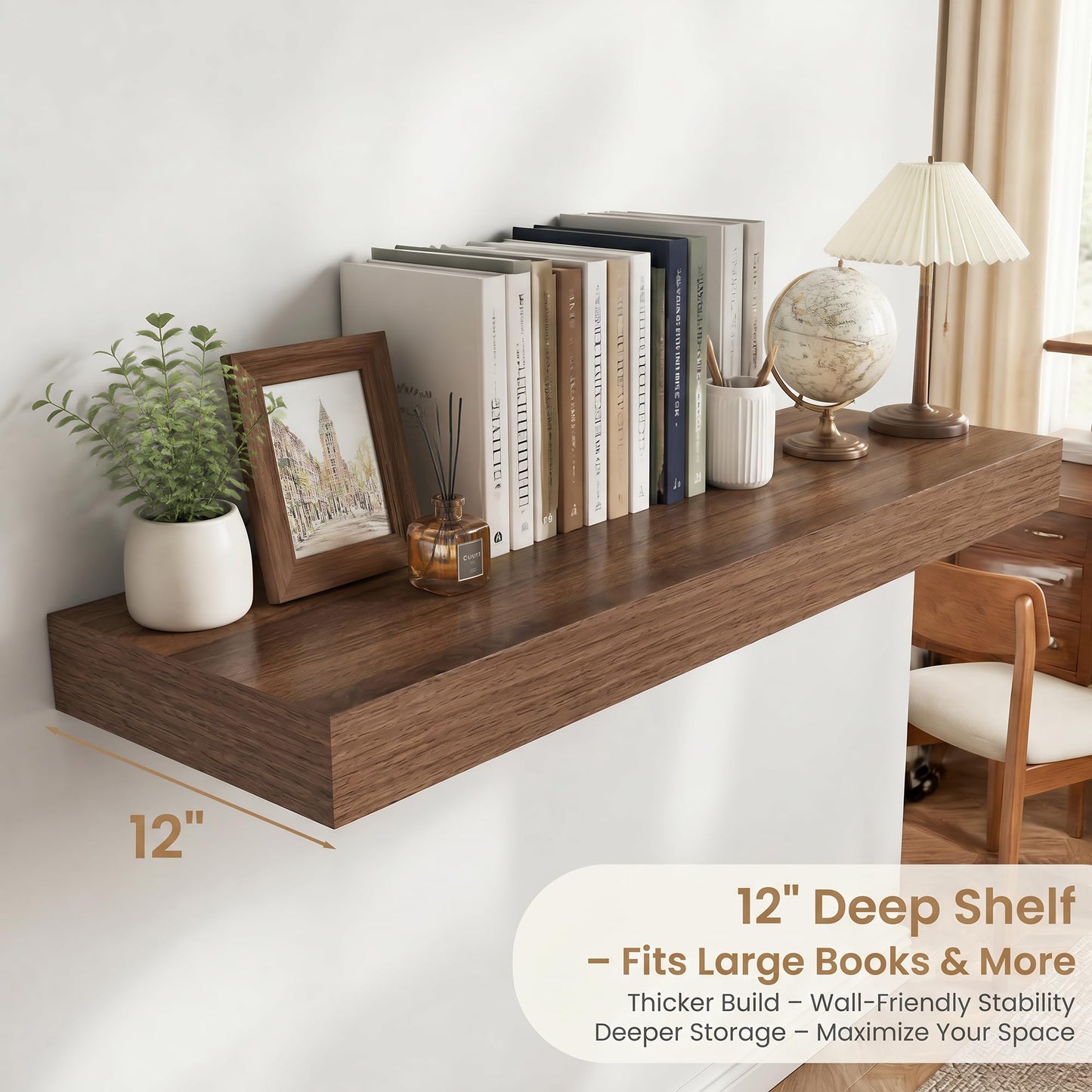 FLYJOE 24 Inch Long Floating Shelves for Wall Set of 2, 12" D Wood Grain Bathroom Shelves with Invisible Brackets, Easy Install Engineered Wood Storage Shelves for Kitchen, Living Room, Bedroom