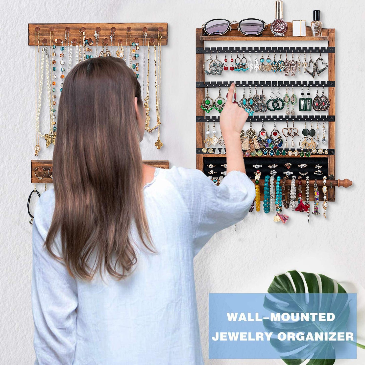 QILICHZ 3Pcs Jewelry Organizers and Storage,Wood Earring Organizer,Hanging Jewelry Organizer,Rustic Wall Jewellery Organizer,Wall Mounted Earring Holder for Storage Display Gift (Brown+Black)
