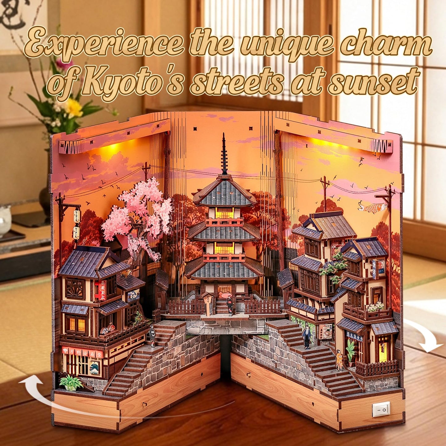 Cutefun Book Nook Kit - DIY Miniature Kyoto House Kit, 3D Wooden Puzzle 400+ Pcs Japanese Bookshelf Decor Bookend with LED, Fold-Out Cherry Blossom Alley Insert for Adults (Twilight Sakura Path)