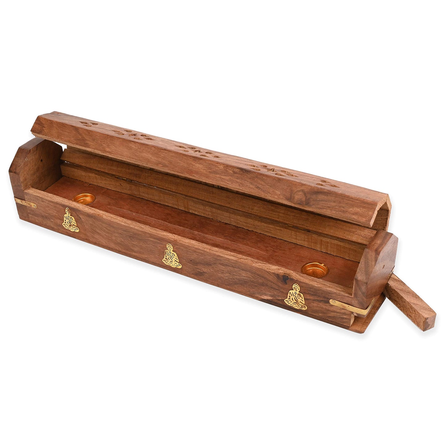 Incense Garden Pack of 2 Incense Stick Holder - Coffin Style - Wood Incense Stick Burner with Buddha Inlays (Natural) Handmade with Brass Inlays