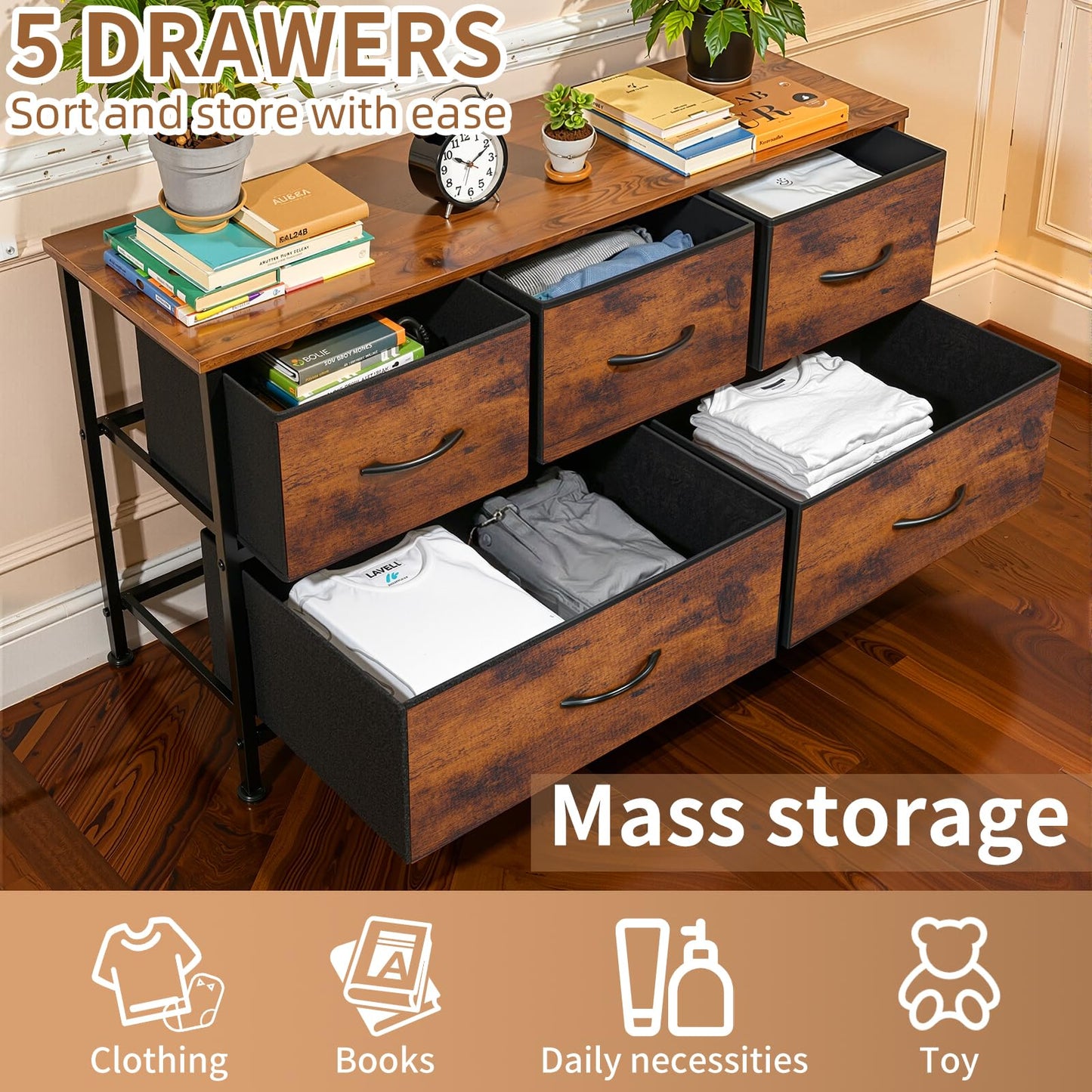 SHAWKEN Dresser for Bedroom with 5 Drawers,Fabric Dresser with One-Piece Steel Frame,Budget-Friendly Organizer for Closet, Hallway, Studio Apartment (Rustic Brown)