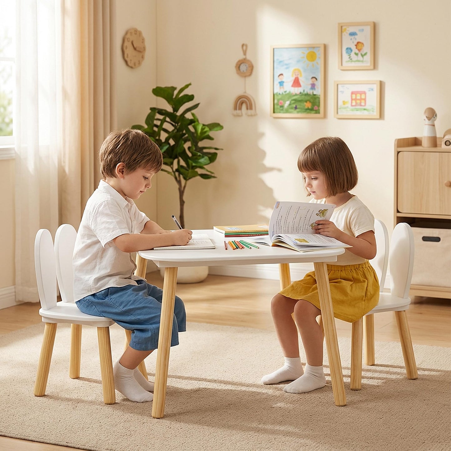 BRITEMART Kids Table and 2 Chairs, Wooden Stable Table and Chair Set (Rabbit), Ideal for Arts & Crafts, Snack Time, Homeschooling, Homework & More