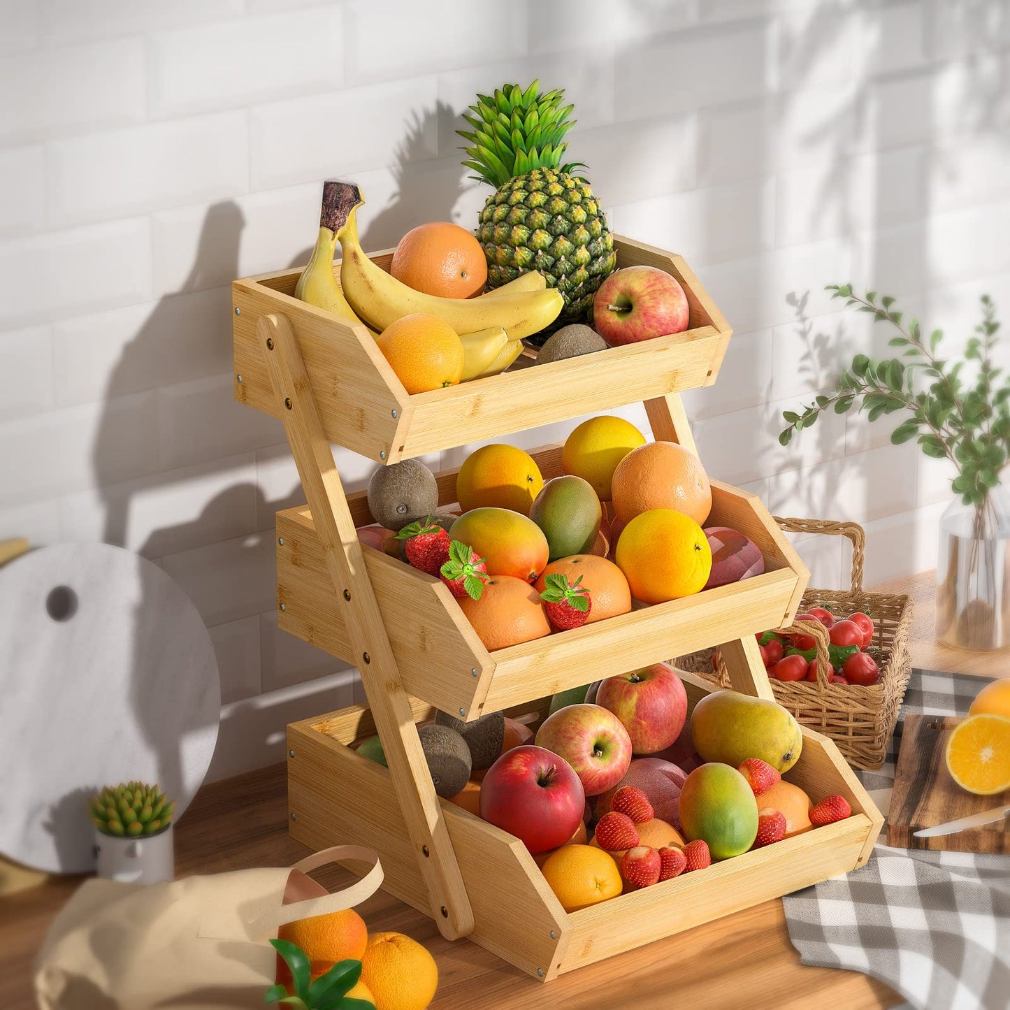 G.a HOMEFAVOR Bamboo Fruit Basket, Fruit Organizer for Kitchen Counter, Vegetable Storage Stand, 15 mm Thickness (Self-assembly)