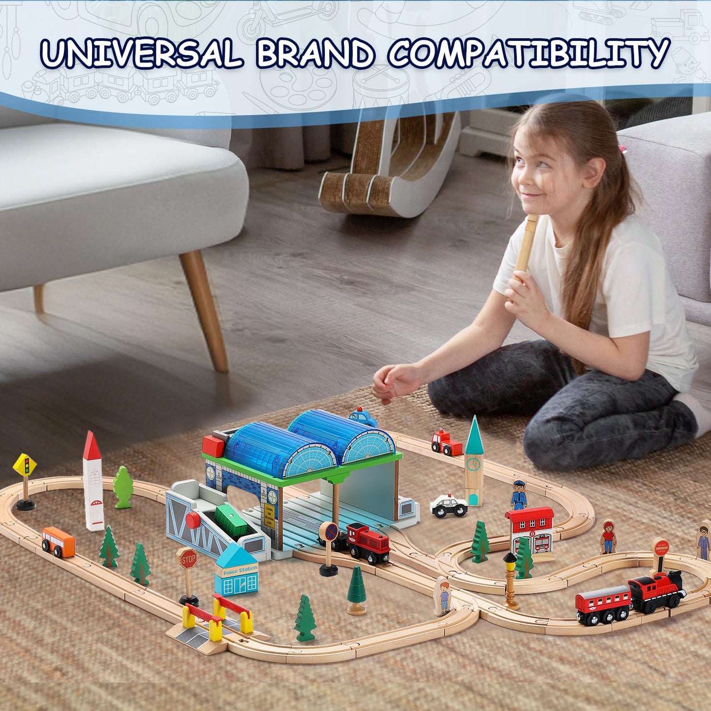 SainSmart Jr. Wooden Train Track Accessories - Premium Train Station with Double-Track Tracks and Conveyor Belt Fit for All Major Brands, Ideal Gift for Aged 3+