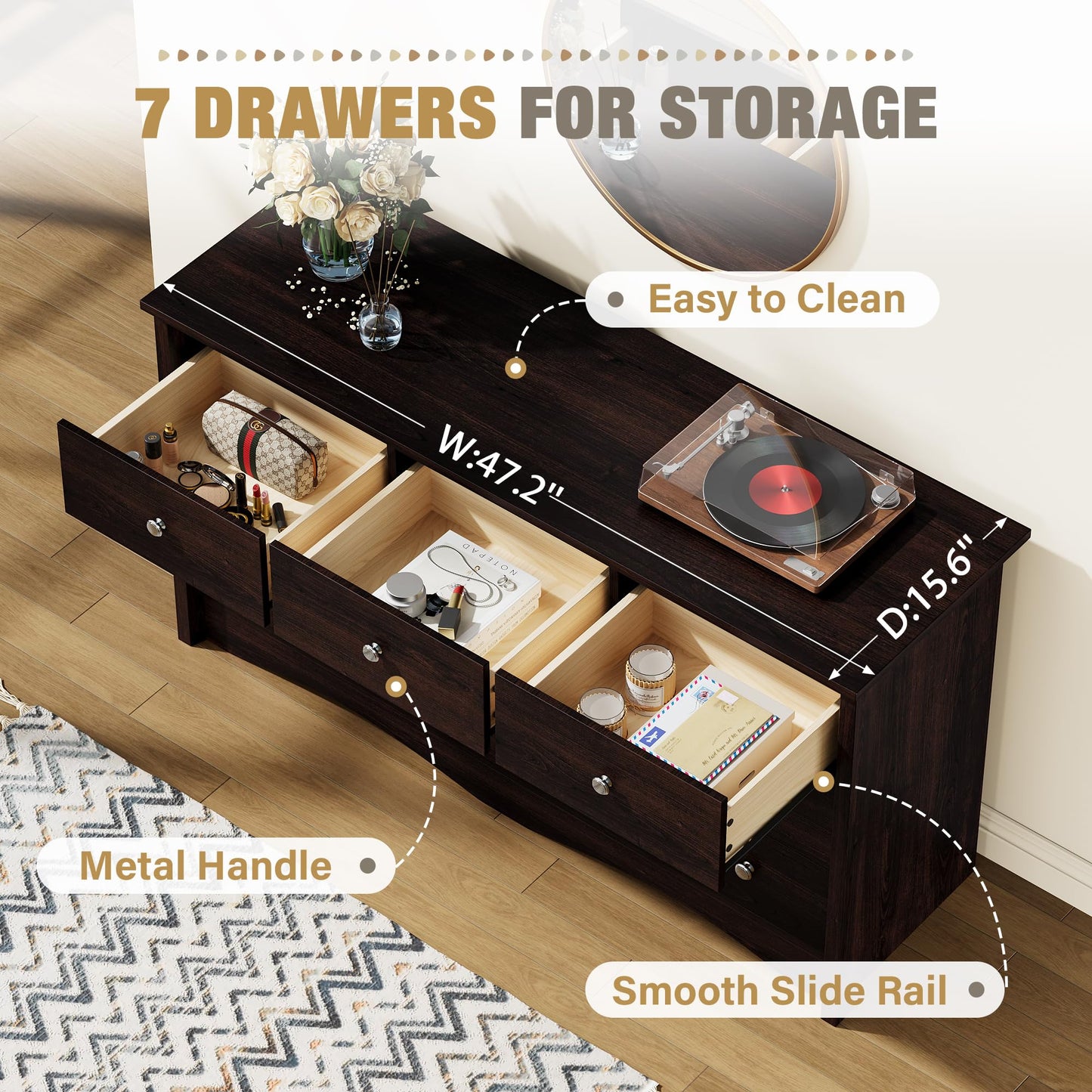 YESHOMY Dresser for Bedroom with 7 Drawers, Modern Chest of Drawers, Wooden Dressers, TV Stand for Living Room,Closet, Hallway (Brown)
