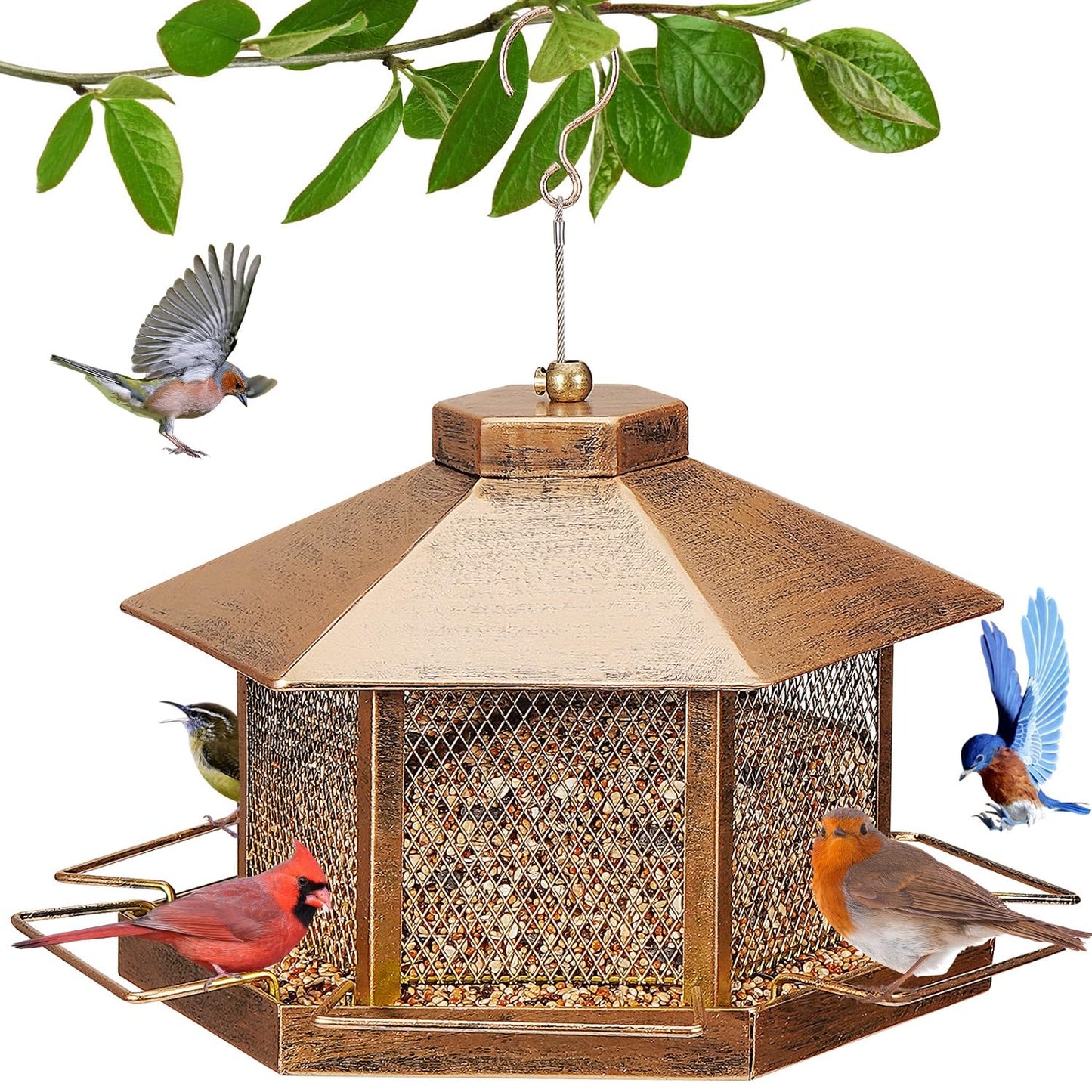 Metal Bird Feeder for Outdoor Hanging, 7.4LB Large Capacity, Garden Decoration - Attracts Wild Birds, Durable Outdoor Bird Feeding Station for Garden Yard Outside Backyard (Extra Large Gold)
