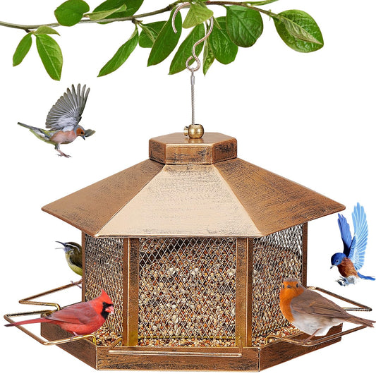 Metal Bird Feeder for Outdoor Hanging, 7.4LB Large Capacity, Garden Decoration - Attracts Wild Birds, Durable Outdoor Bird Feeding Station for Garden Yard Outside Backyard (Extra Large Gold)