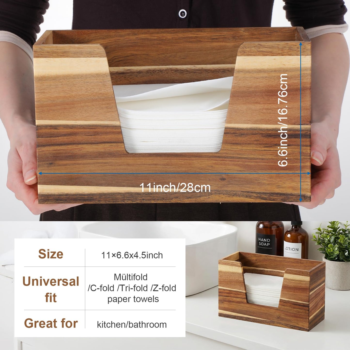 2 PCS Wood Paper Towel Dispenser Countertop, 11"L×4.5"W×6.6"H Large Napkin Holder Side Opening Paper Towel Holder for Bathroom Kitchen Napkins Holders for Table Country-Style Restaurants Decor