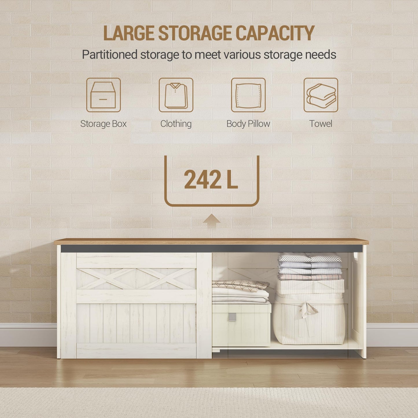 Hzuaneri 47.2" Storage Chest, Large Storage Bench with 2 Hinges, Farmhouse Wooden Box Bench, Lift-Top Organizer Chest, Wooden Bed End Bench, Suitable for Entryway, Bedroom, Retro White SB51214X