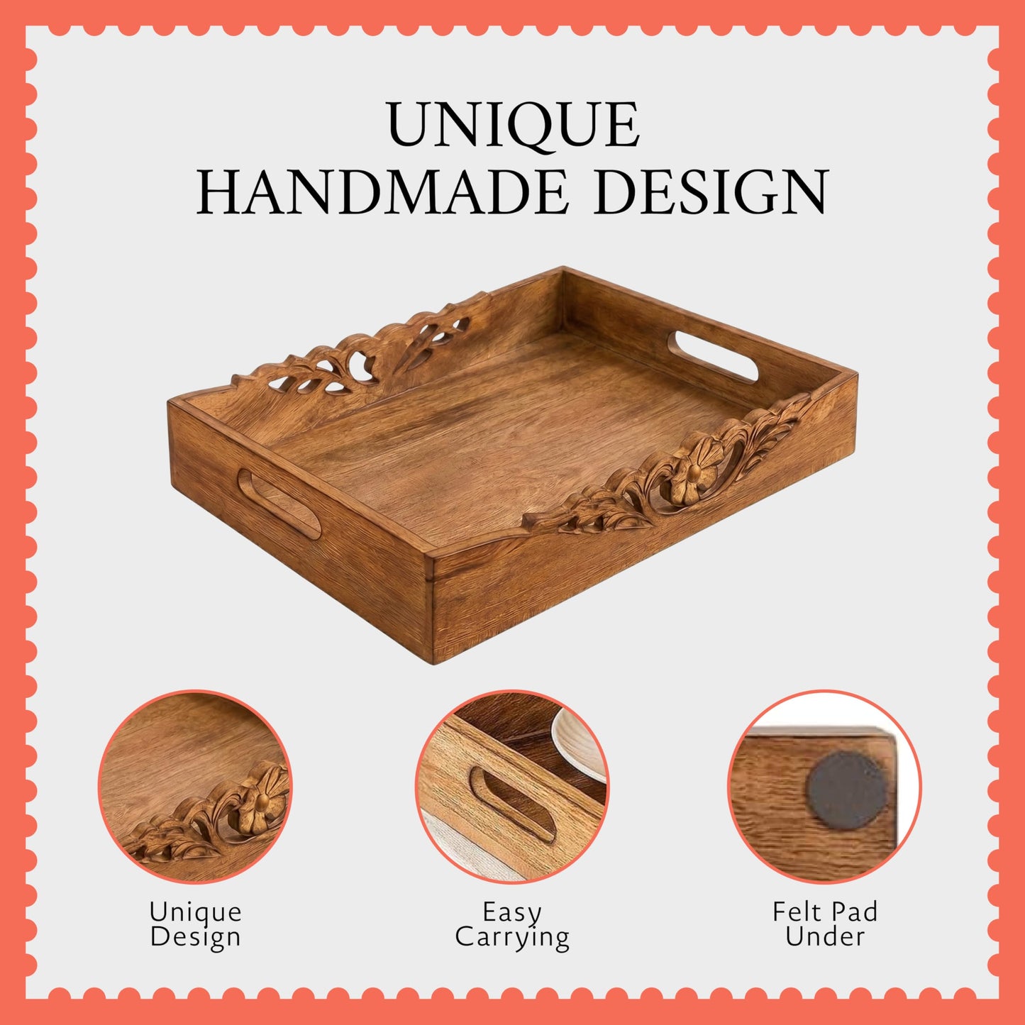 Mela Artisans 16” x 12” x 2.5” Mango Wood Serving Tray with Handles – Orchid Medium Burnt – Handcrafted Wooden Serving Board for Breakfast, Coffee & Home Décor