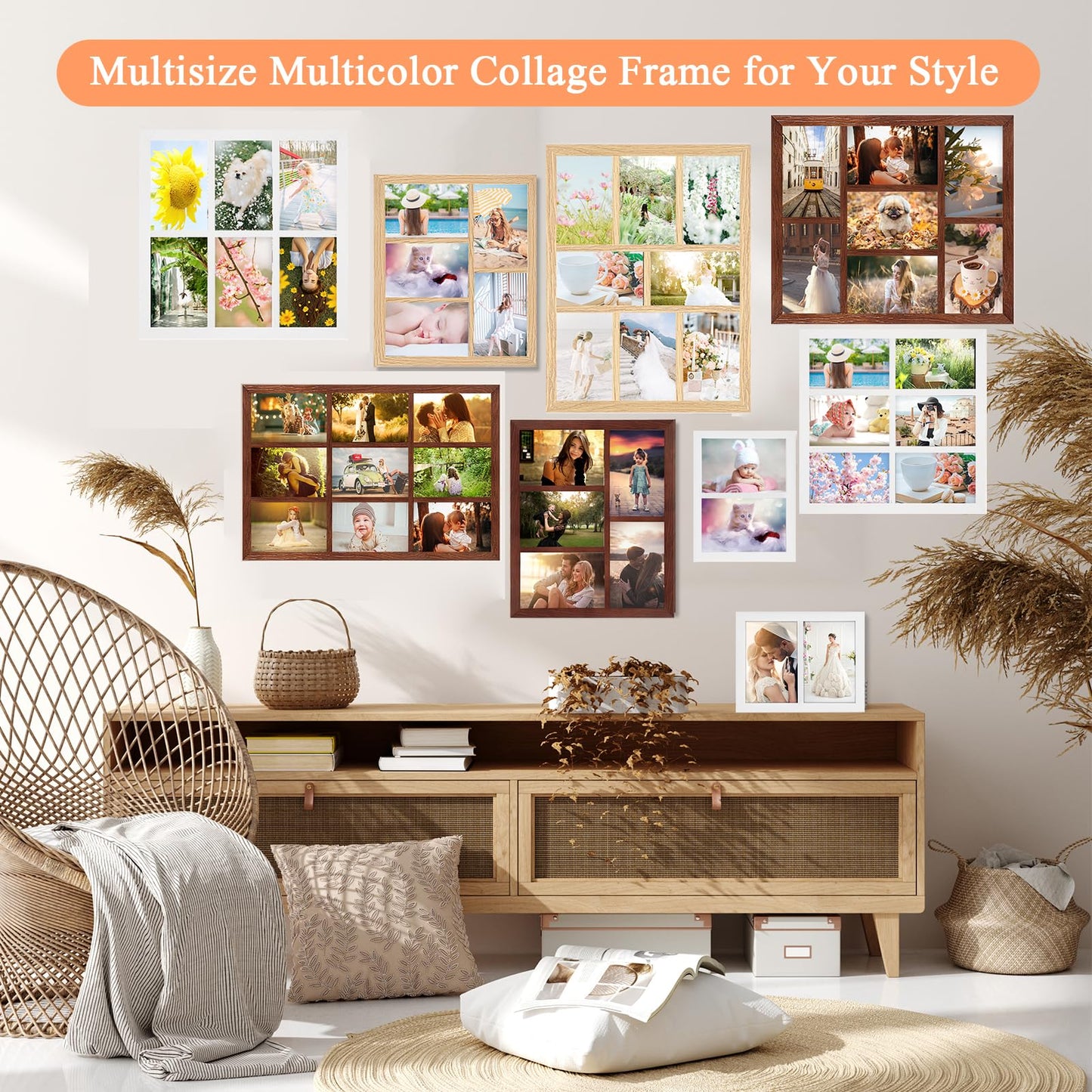 MOUDAMION 4x6 Oak Wood Picture Frames Collage Wall Decor Natural Woodgrain, Solid Oak Wooden Family Photo Collage Frame 7 Openings, Glass Front, Wall Hanging Display 7 4x6 Pictures