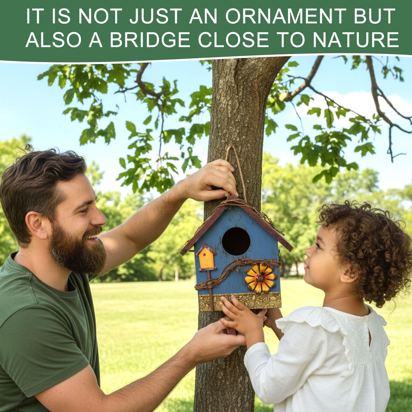 DoubleFill 2 Pcs Birdhouses for Outdoor Hanging Yard Outside Wooden Birdhouse Hand Painted Bird Box for Bird Lovers Bluebird Tree Garden Decor Decorative Birdhouse(Red,Blue,Wooden Roof)