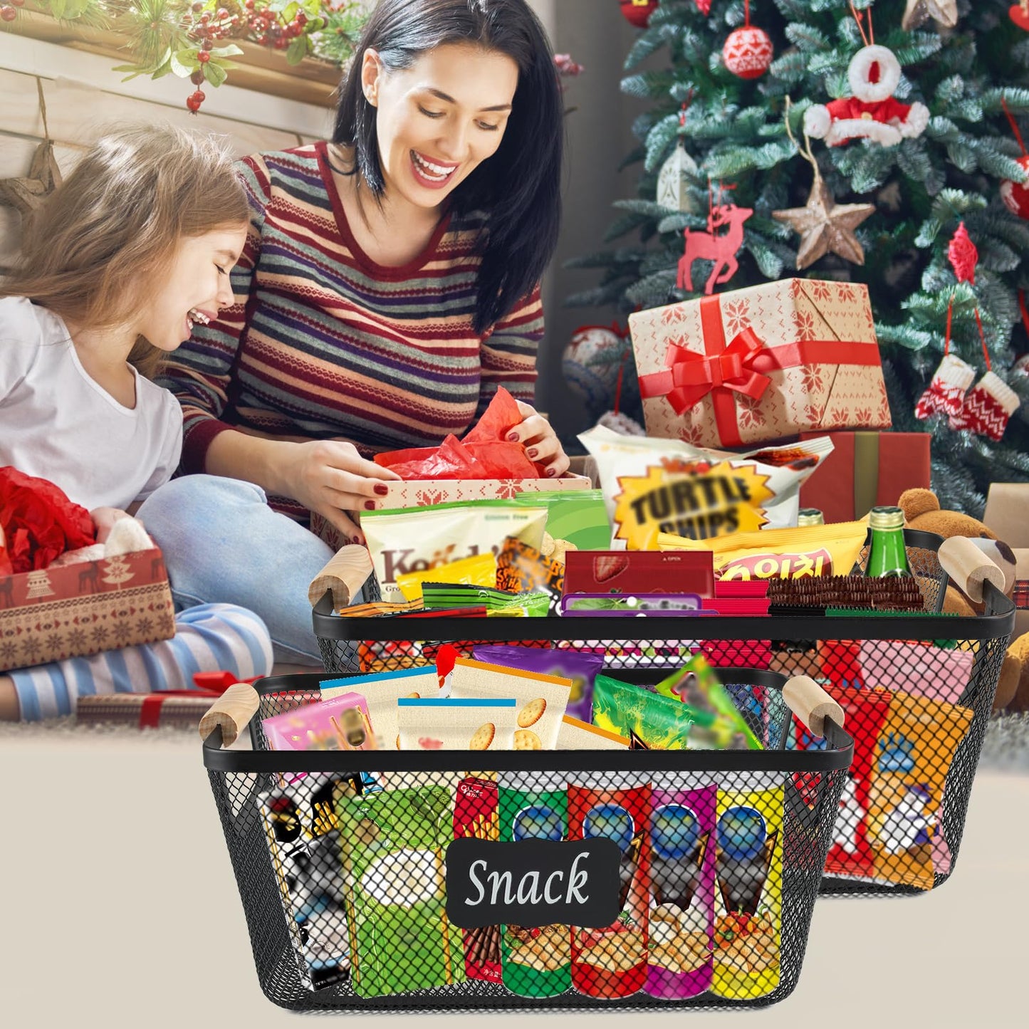 Xbopetda Snack Organizer for Pantry Shelf, 2 Pack Metal Mesh Snack Baskets with Wooden Handles, Snack Bin for Snack Bar Station, Kitchen Cabinet Pantry Organizers and Storage