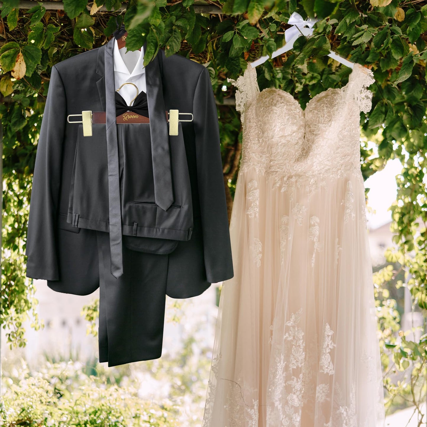 Beeveer 3 Pcs Bride and Groom Hangers for Dress Suit with Clips Wedding Wooden Hanger with Bow Tie for Mr and Mrs Shirt Tuxedo Suit Bridal Wedding Gift Bridesmaid Party Shower