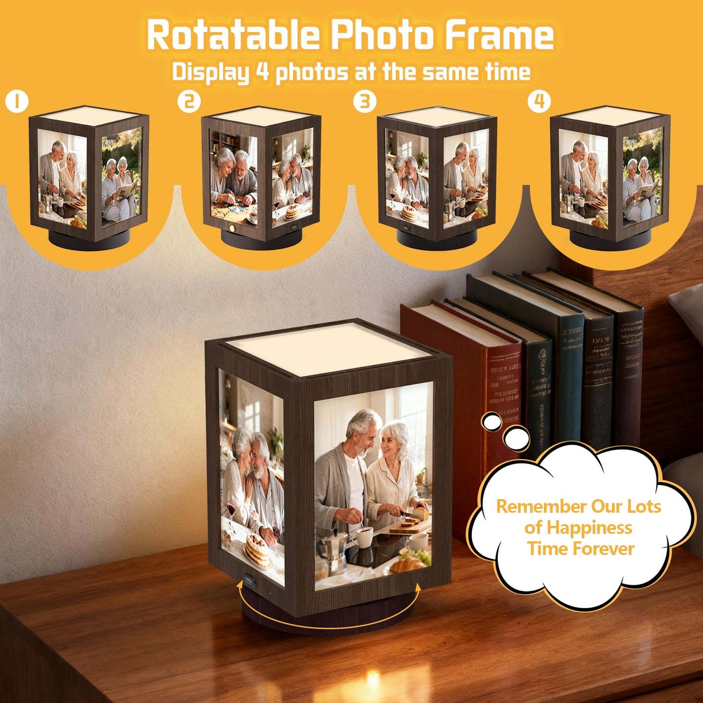 Mixoo 4x6 Picture Frame Light, Vintage Rotating Photo Frame Tabletop Lamp, Touch Desk Lamp for Bedroom Bedside, Table lamps for Office Family Retirement Anniversary Birthday Gifts (Wooden Brown)