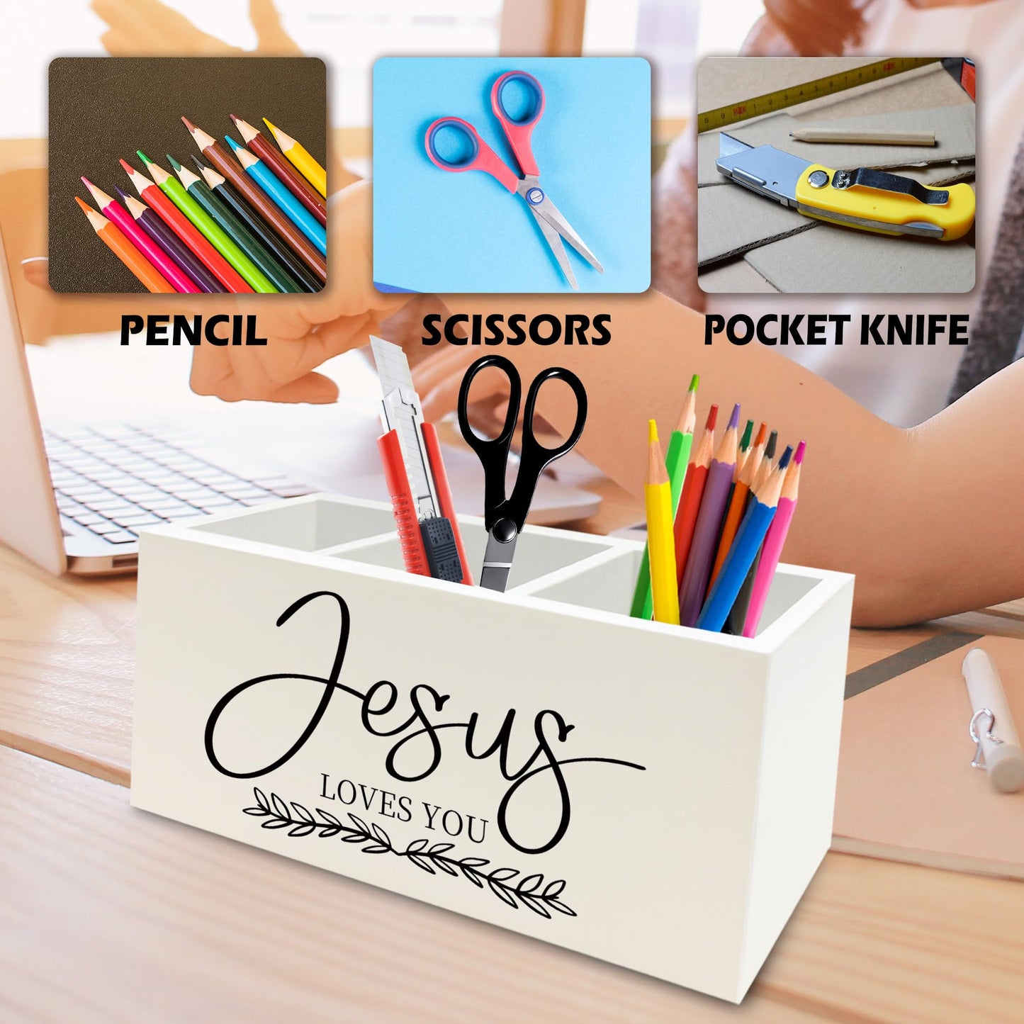 QZQE Christian Pen Pencil Holder Organizer for Desk, Christian Gifts for Women, Jesus Loves You Bible Verse Scripture Wooden Box Signs Decorations for Home Office Desk Tabletop, Religious Gifts