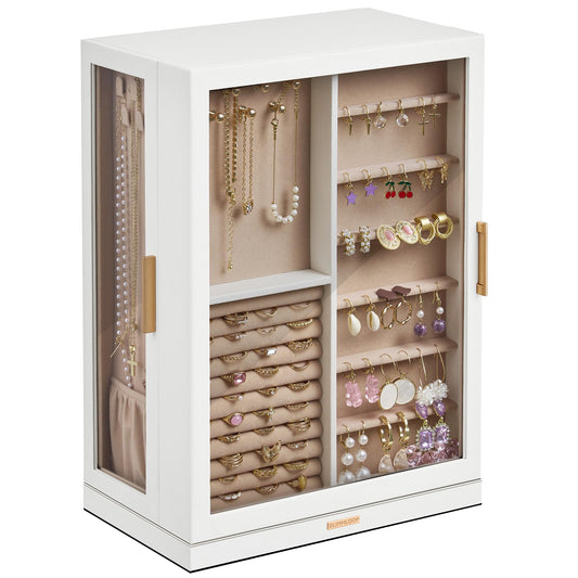 Glimmloop 360° Rotating Jewelry Box with 9 Drawers, Spacious Vertical Jewelry Organizer with Glass Window, Jewelry Storage Case, Dustproof & Moisture-resistant Design, White