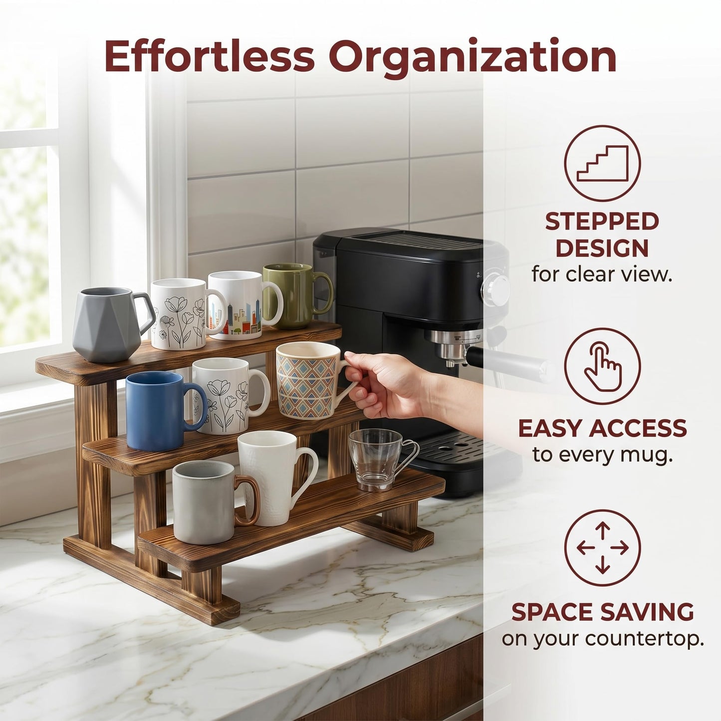 Ajerg 2 Pack 3 Tier Coffee Mug Display Shelf, Wooden Coffee Mug Holder Organizer for Countertop, Mug Storage Shelf for Coffee Station, Kitchen Cabinet, Pantry & Counter Display Rack