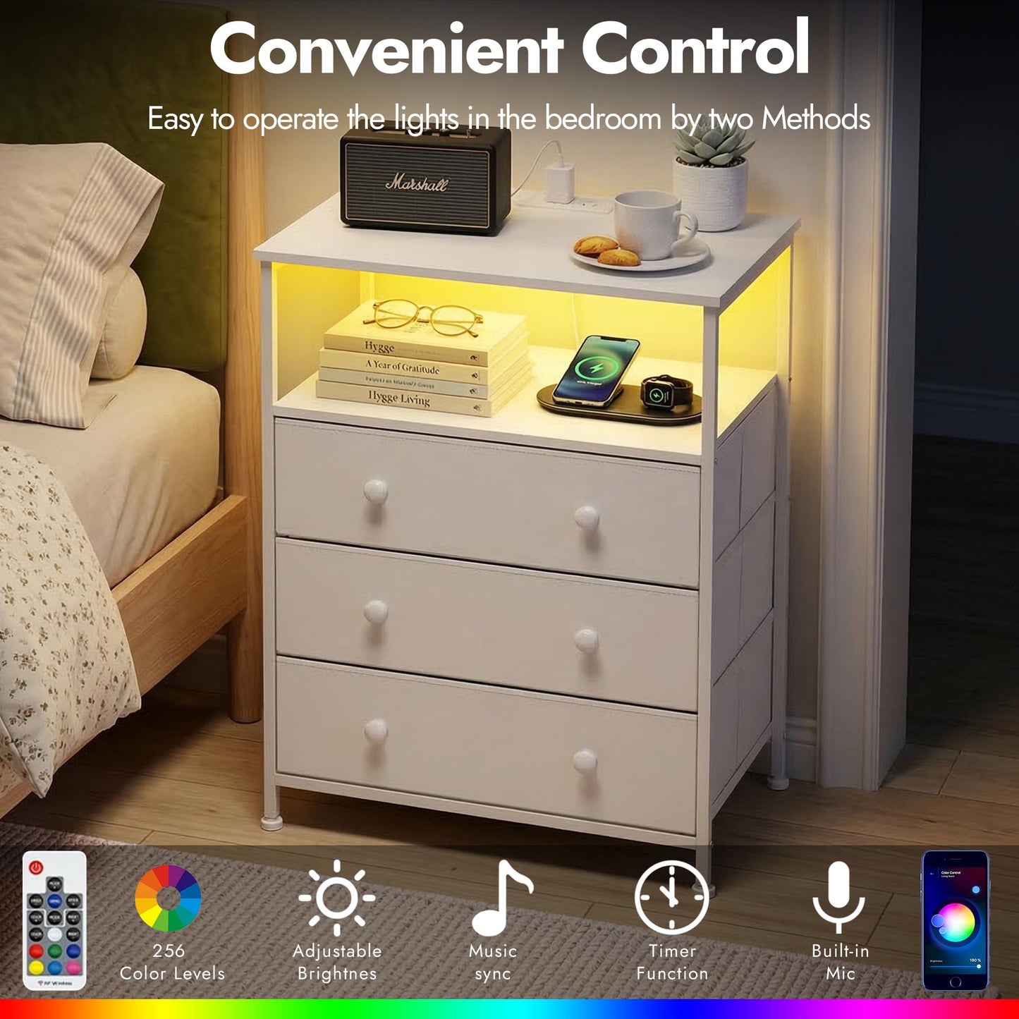 PATAVOT 3-Drawer LED Nightstand with Charging Station, White.
