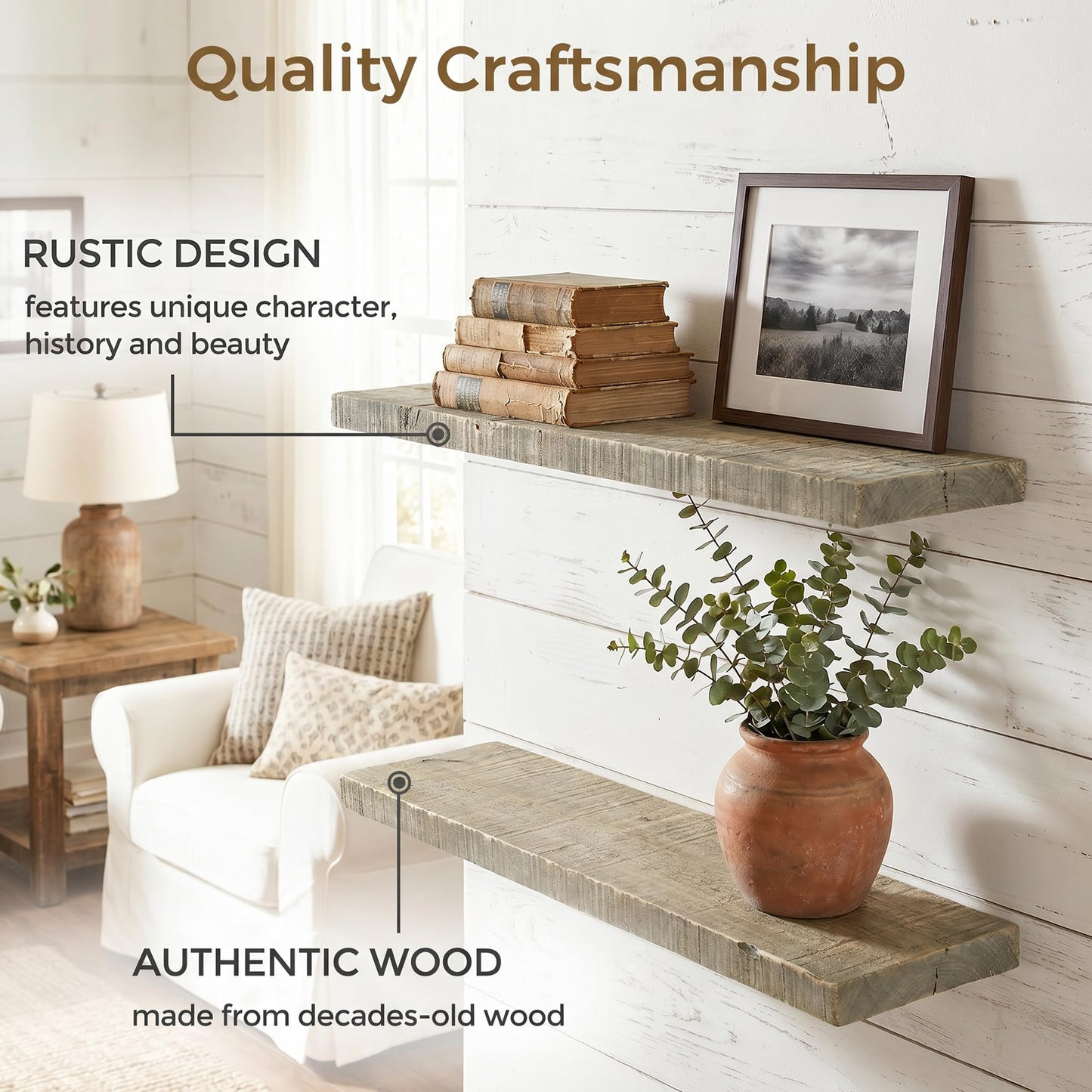 Axeman 36 Inch Rustic Wooden Floating Shelves for Wall|Solid Reclaimed Wood Wall Mounted Shelves with Invisible Brackets for Books Bathroom Kitchen Storage|8 Inch Deep|2 Pack, Grey