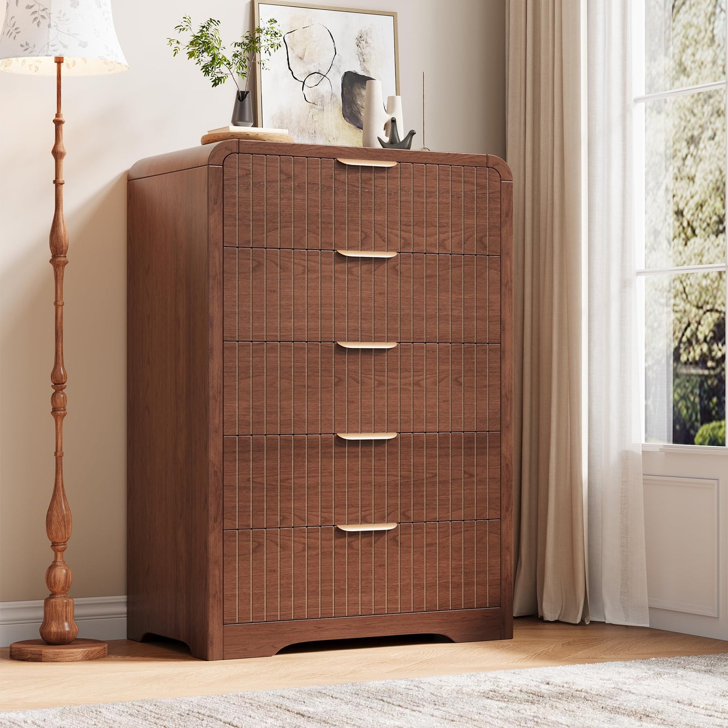 Jocoevol Fluted 5 Drawer Dresser, 43" Tall Dresser Chest of Drawers Curved Profile Design, Wood Mid Century Vertical Dresser Natural Texture for Bedroom, Walnut Dresser