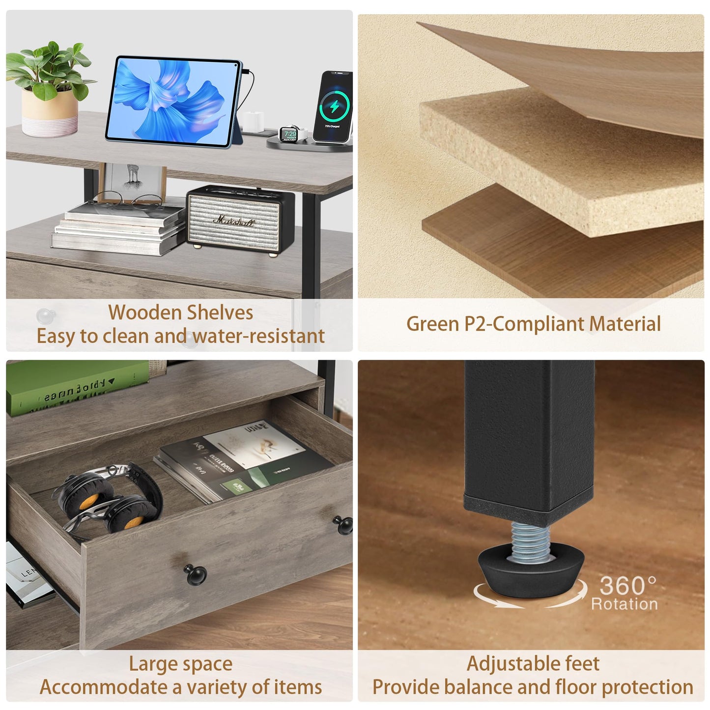 Edbuosy 27 Inch Wide Night Stand with Charging Station, Wood Nightstand with Open Shelf, Large Drawer Bedside Table for Living Room/Bedroom/Office, Rustic Gray