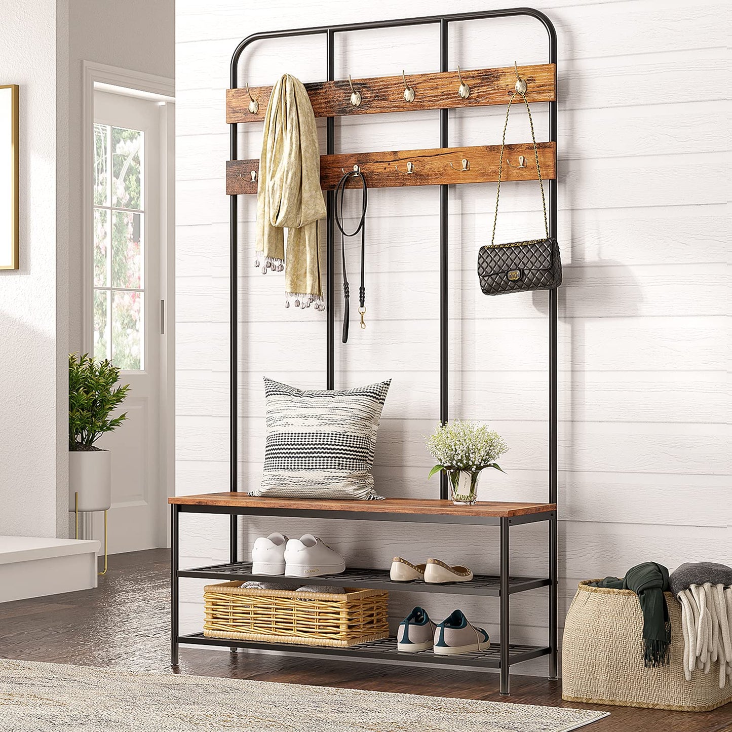 HOOBRO Extra Large Hall Tree with Shoe Bench and Coat Rack, Wood and Metal, 39.4"L x 14"W x 71.7"H